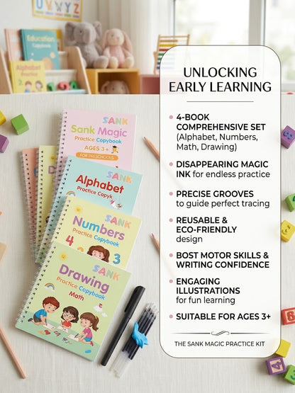 Sank Magic Reusable Copybook Set for Kids (4 Books + Pen + Grip)