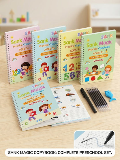 Sank Magic Reusable Copybook Set for Kids (4 Books + Pen + Grip)