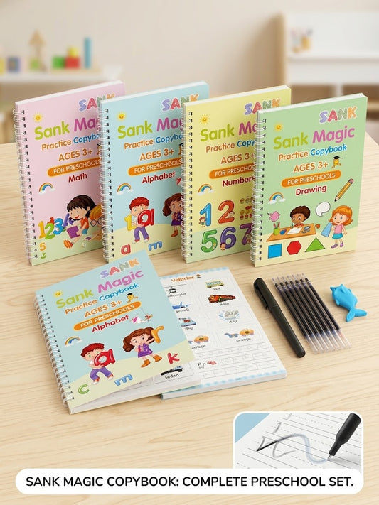 Sank Magic Reusable Copybook Set for Kids (4 Books + Pen + Grip)